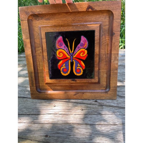 Vintage MCM Teak Wood Style Footed Tray Trivet Tile Butterfly - Picture 10 of 14